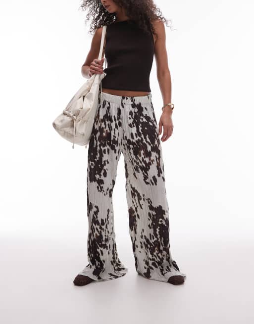 Topshop crinkle wide leg trousers in cow print