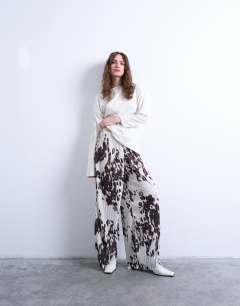 Crinkle wide leg trousers in cow print