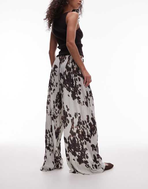 Topshop crinkle wide leg trousers in cow print