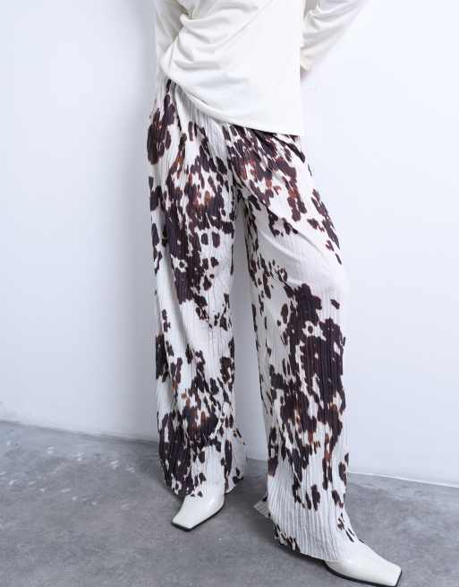 Topshop crinkle wide leg trousers in cow print