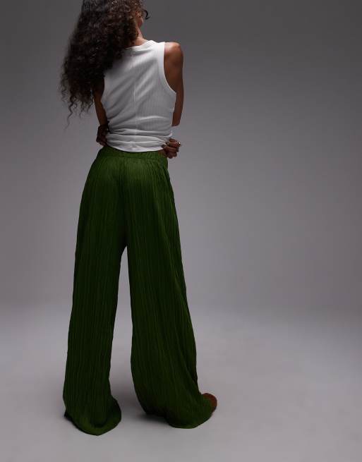 Topshop crinkle wide leg trousers in olive green, 2 of 5