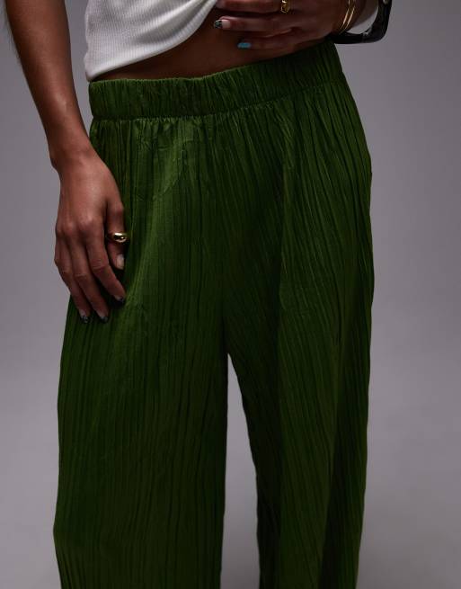 Topshop crinkle wide leg trousers in olive green, 3 of 5