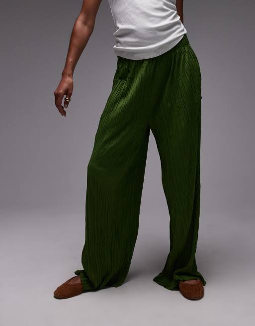 Topshop crinkle wide leg trousers in olive green, 4 of 5