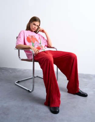 Topshop crinkle wide leg trousers in red