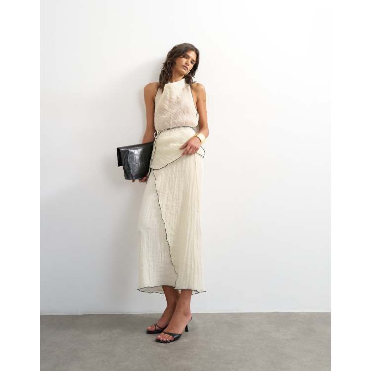 Topshop crinkle wrap midaxi skirt with contrast stitching in ecru