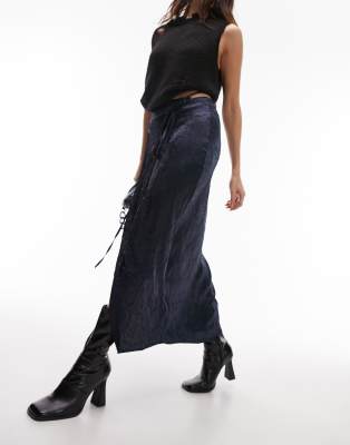 TOPSHOP CRINKLE WRAP MIDI SKIRT IN NAVY-BLUE