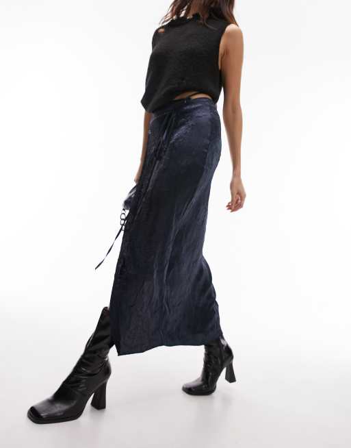 Topshop crinkle wrap midi skirt in navy