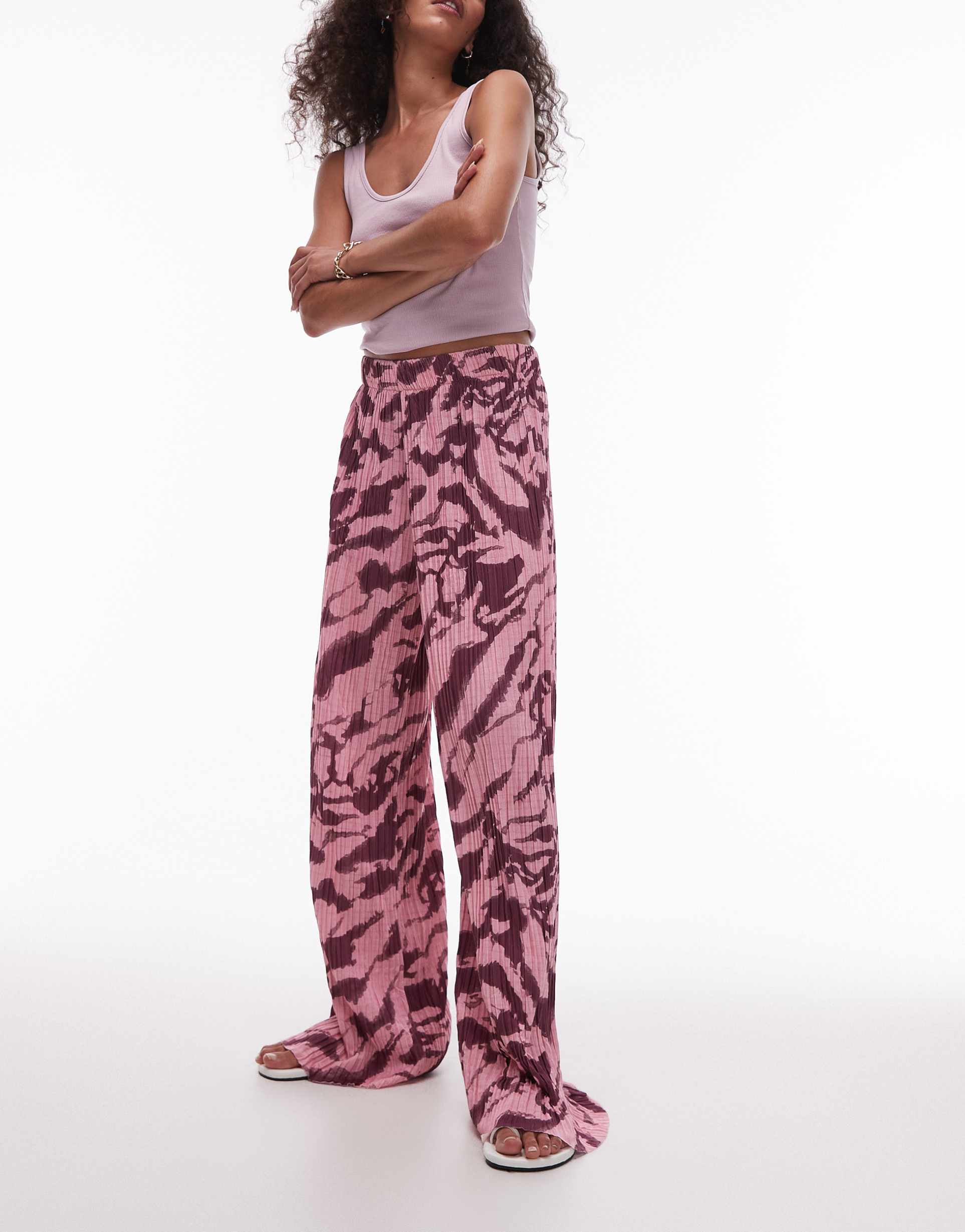 topshop crinkle zebra print wide leg pants in pink