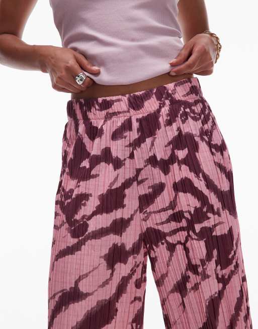Topshop crinkle zebra print wide leg pants in pink, 4 of 5