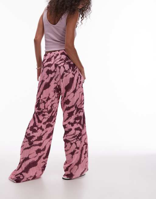 Topshop crinkle zebra print wide leg pants in pink, 5 of 5