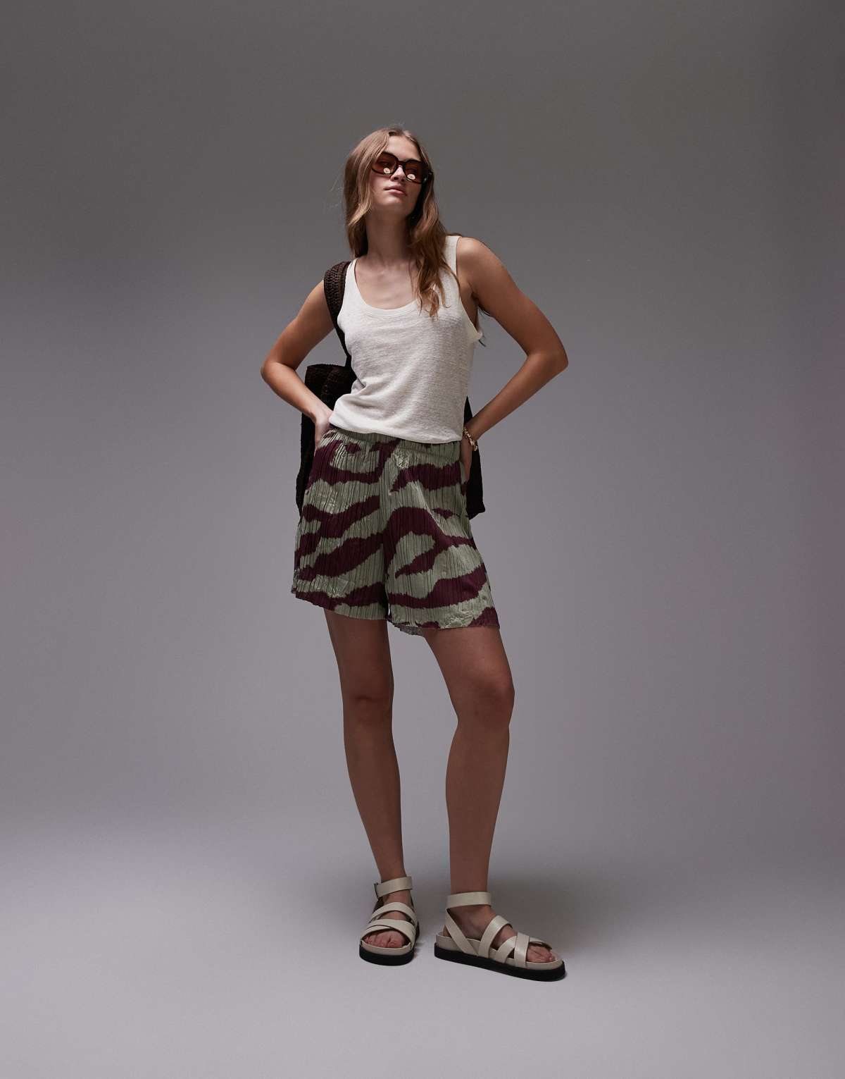 Topshop crinkle zebra print wide leg shorts in khaki