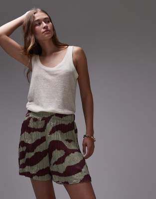 Topshop Crinkle Zebra Print Wide Leg Shorts In Green
