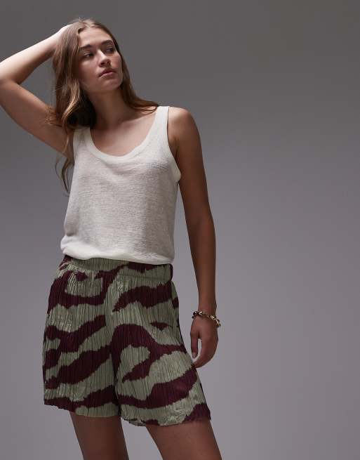 Topshop crinkle zebra print wide leg shorts in khaki | ASOS