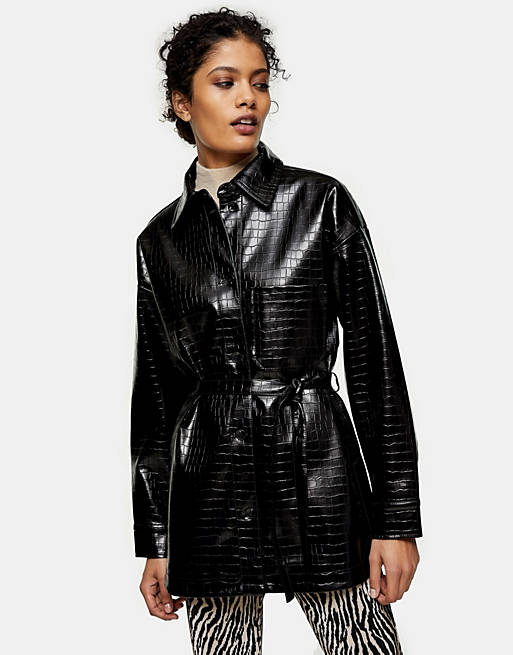 Topshop croc effect faux leather belted shacket in black