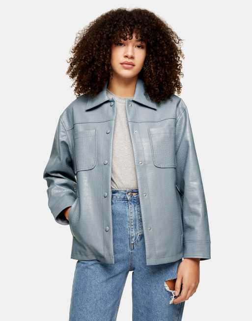 Topshop croc effect faux leather shacket in blue