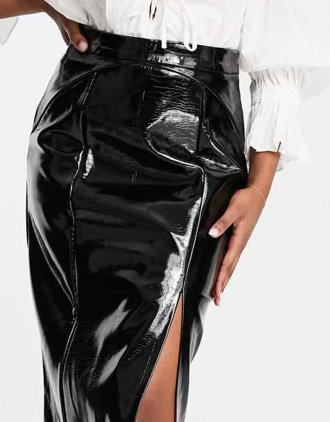 Topshop croc PU midi skirt in black - view 1
