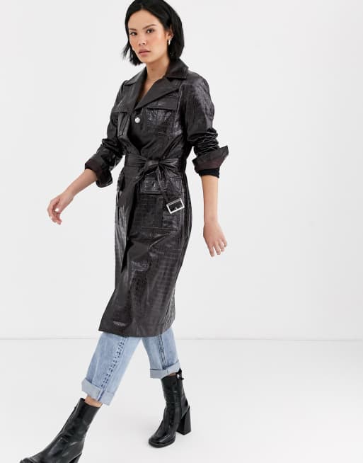 Trench coat in crocodile-effect vinyl fabric, black