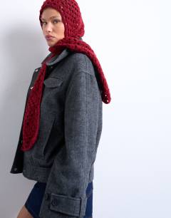 Model wearing Crochet balaclava in red