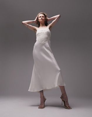 Shop Topshop Crochet Bodice Midi Slip Dress In Ivory-white