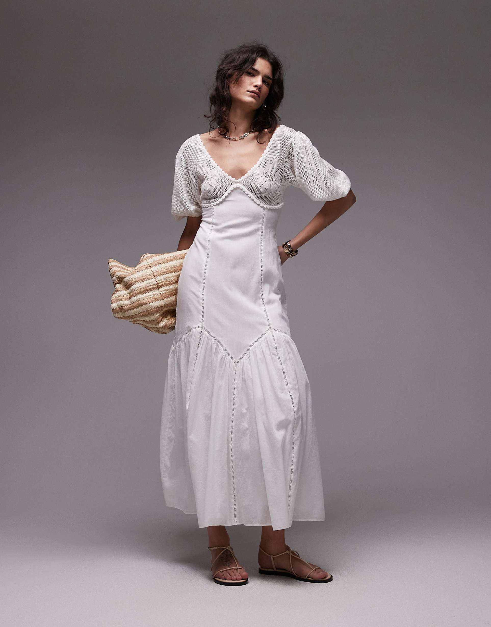 topshop crochet bust midi dress with ladder broderie in white