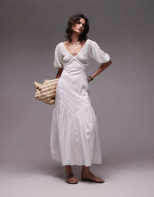 Topshop crochet bust midi dress with ladder broderie in white, 2 of 4