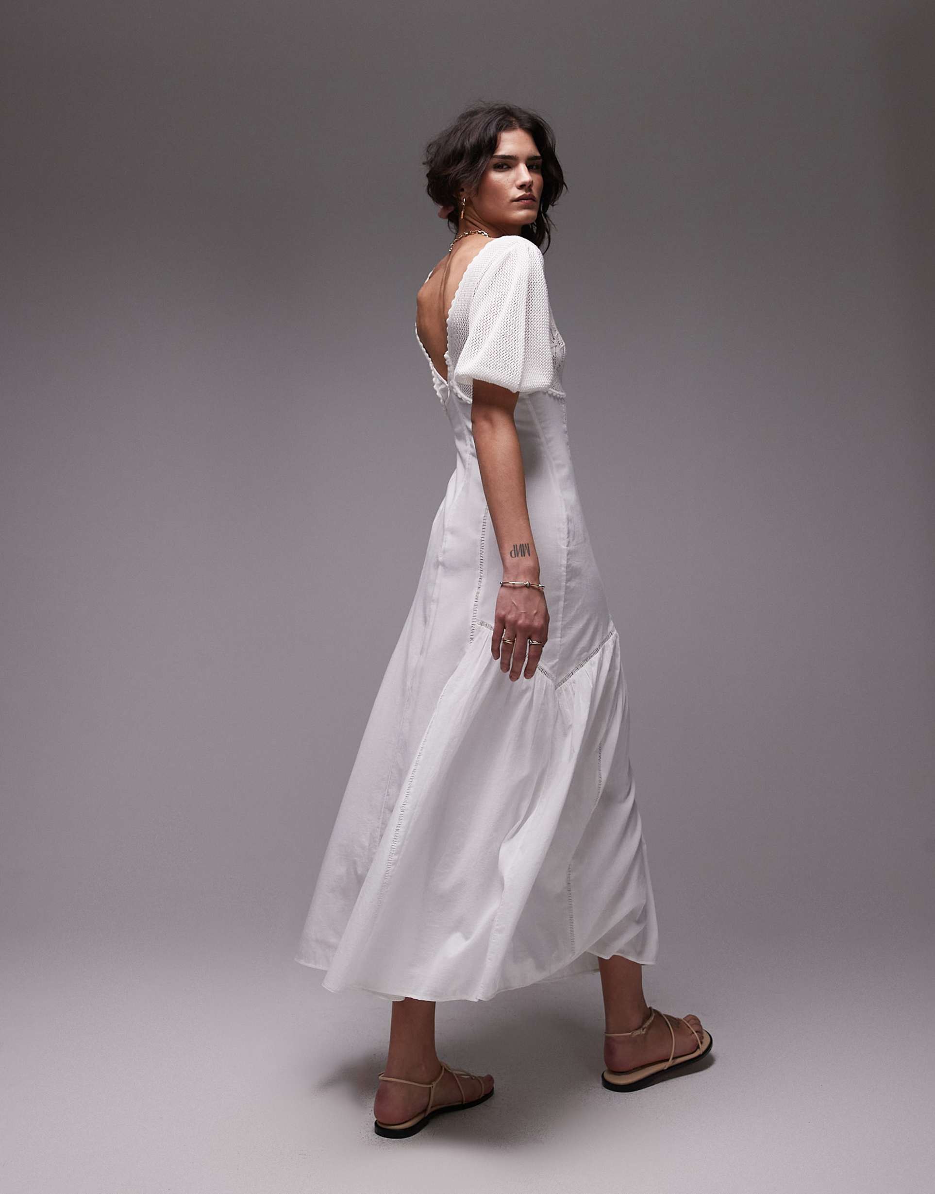 topshop crochet bust midi dress with ladder broderie in white