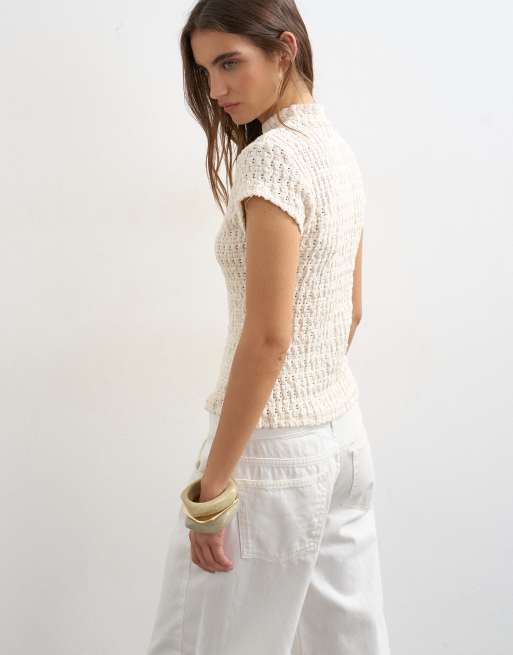 Topshop crochet cap sleeve button top in cream, 4 of 4