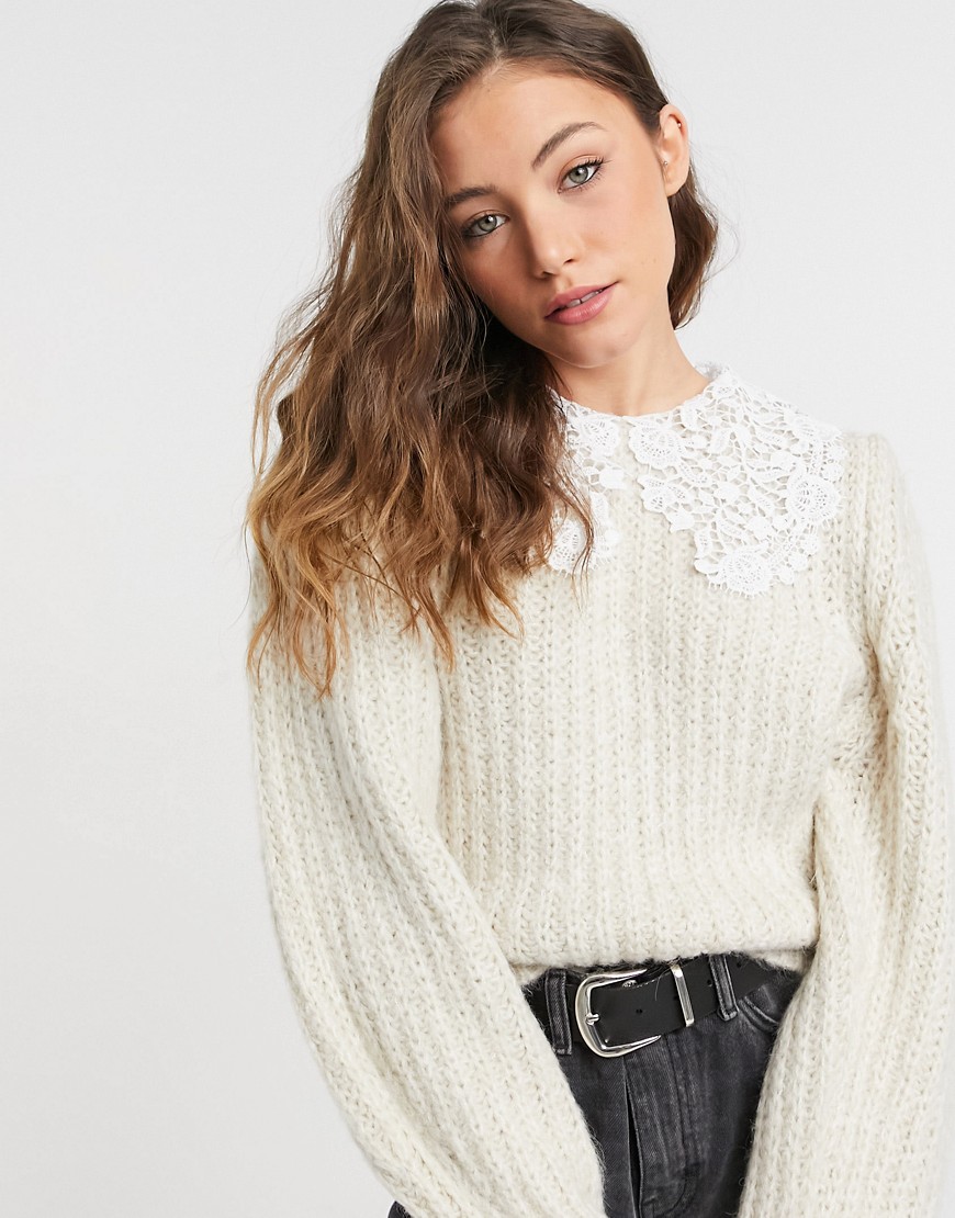 Topshop crochet collar sweater in ecru-White