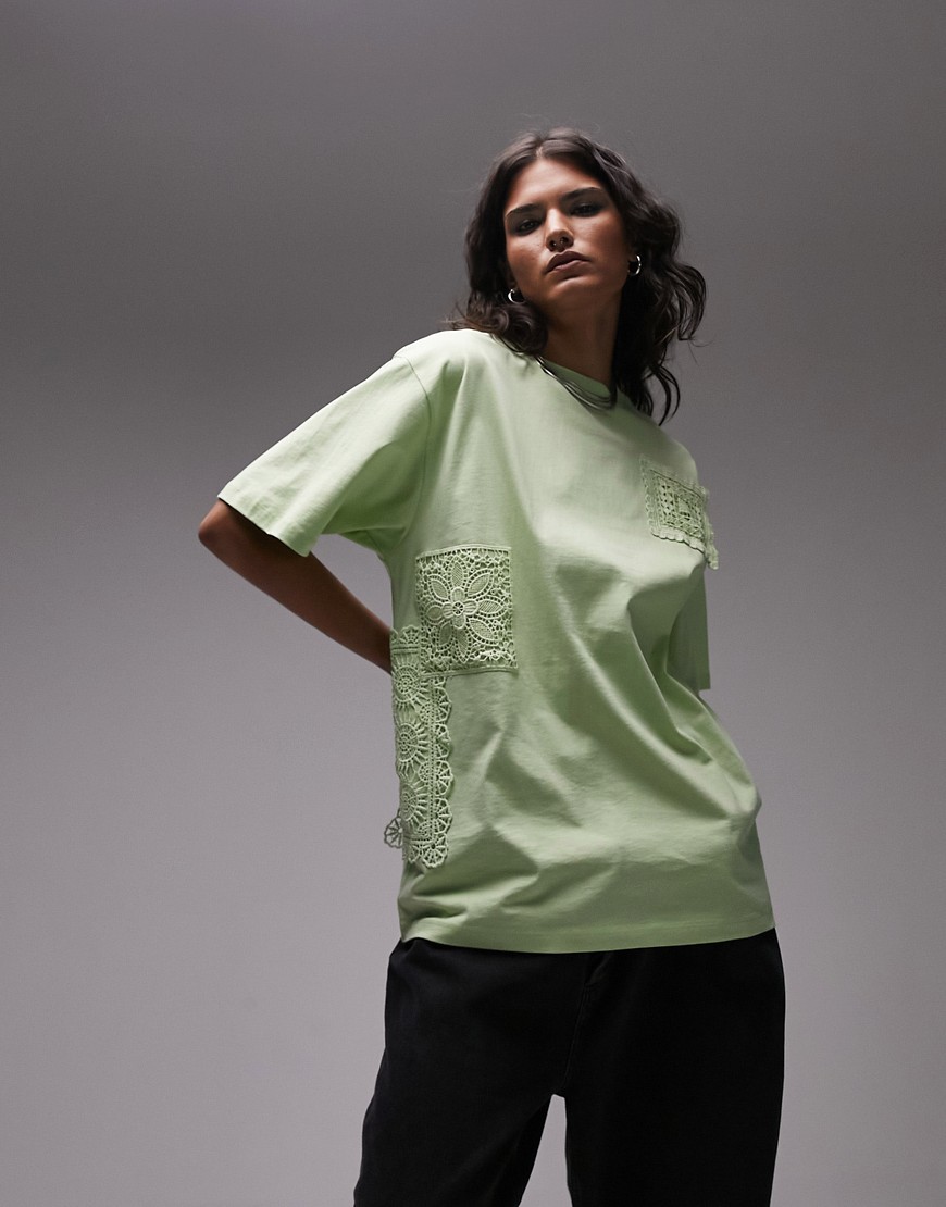 Topshop crochet layered patched oversized tee in lime-Green