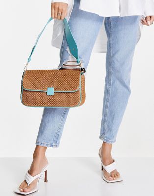 Topshop crochet straw look shoulder bag in brown and turquoise
