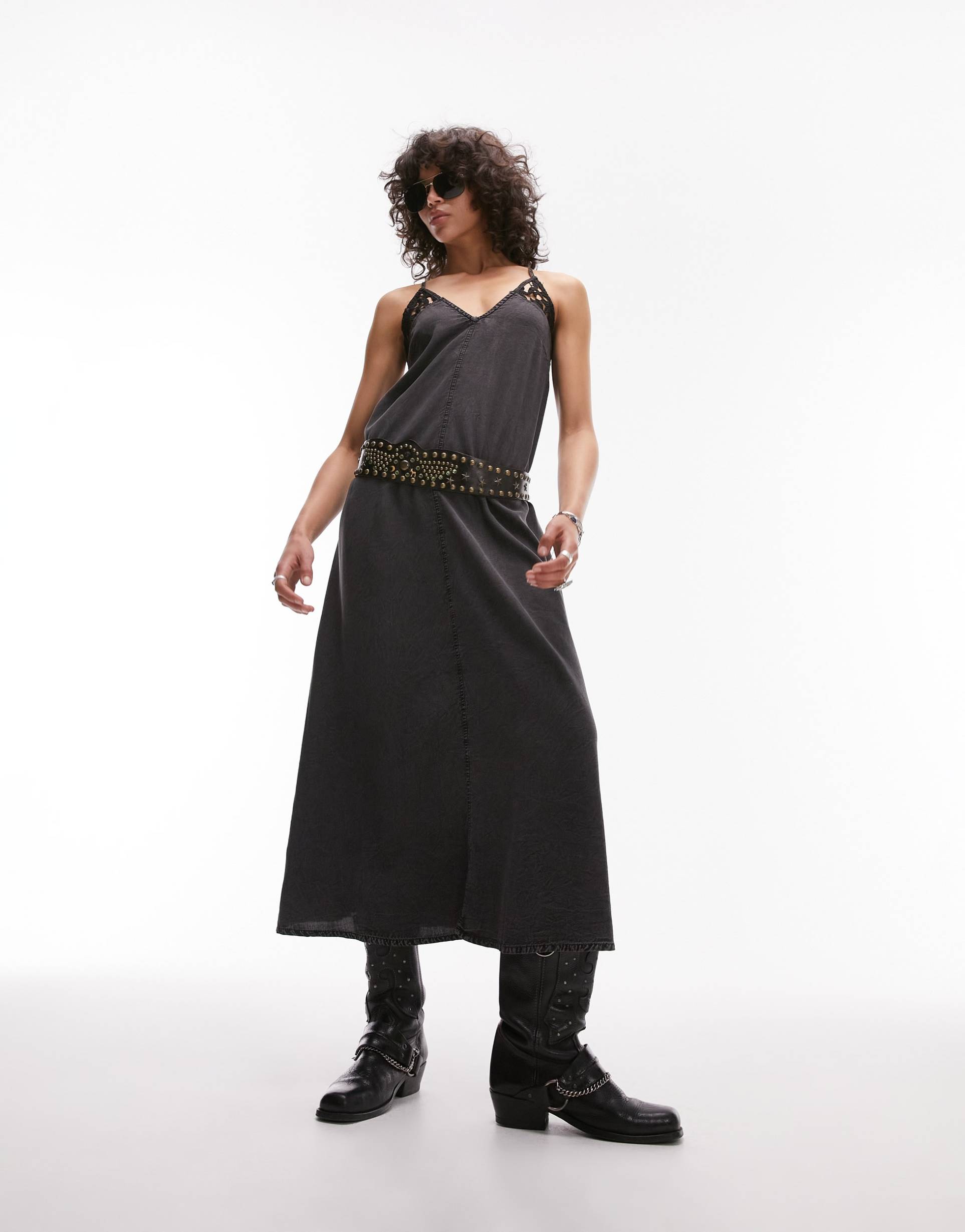 topshop crochet mix strappy slip midi dress in charcoal