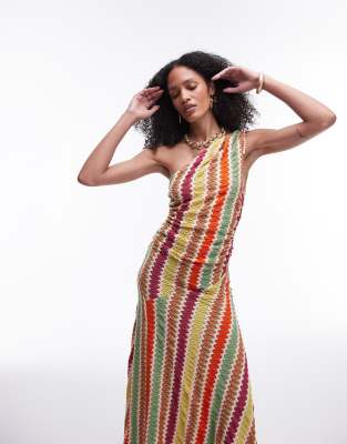 Topshop Crochet One Shoulder Ruched Side Midi Dress In Multi Stripe