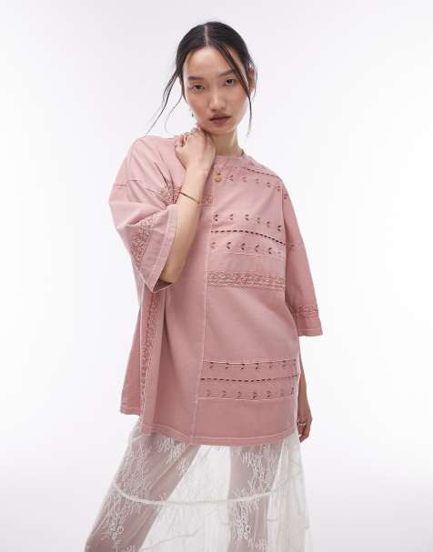 Topshop crochet oversized tee in pink - view 1