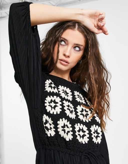 Topshop crochet panel midi dress with monochrome in black | ASOS