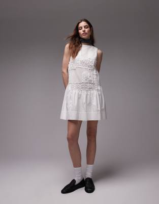 Topshop Crochet Patchwork Dropped Hem Mini Dress In White