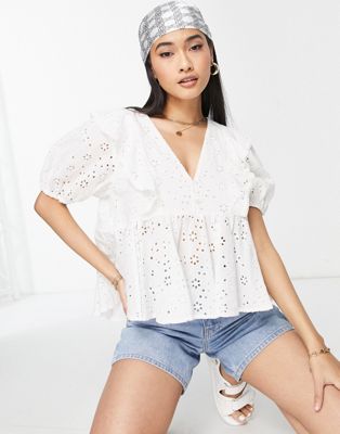 Topshop crochet peplum frill blouse in white - ASOS Price Checker