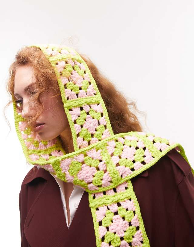 Topshop - crochet skinny scarf in pink and lime