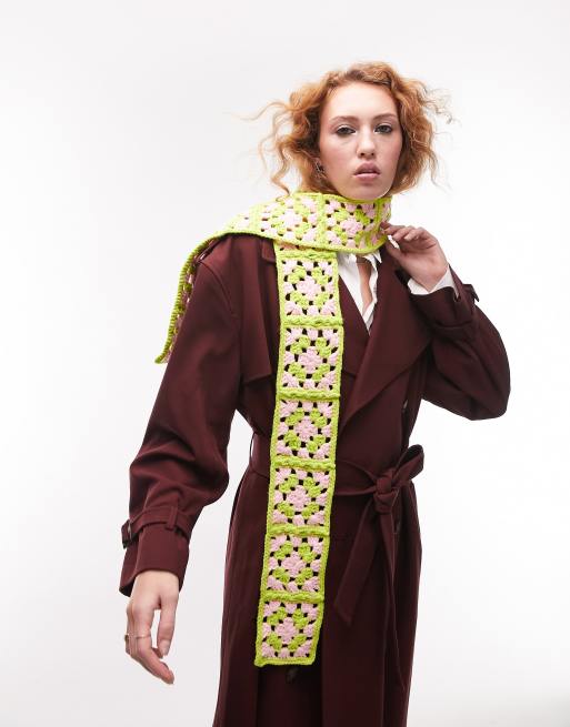 Topshop crochet skinny scarf in pink and lime, 4 of 4