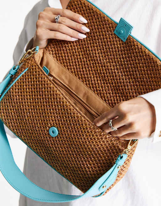 Topshop crochet straw look shoulder bag in brown and turquoise ASOS