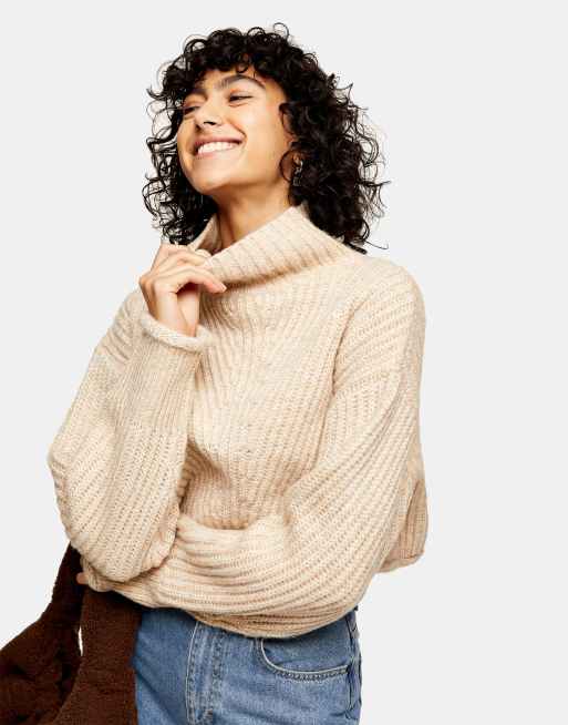 Topshop crop funnel neck knitted jumper in taupe