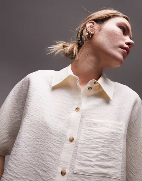 Topshop crop lightweight twill shirt in ivory - view 1