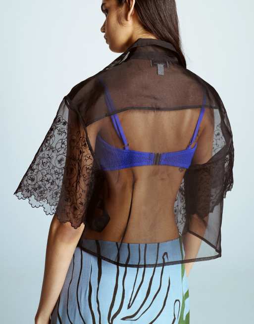 Topshop crop organza embroidered shirt in black, 4 of 4
