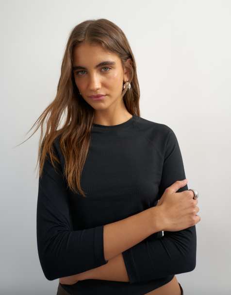 Topshop crop sleeve clean raglan top in black - view 1