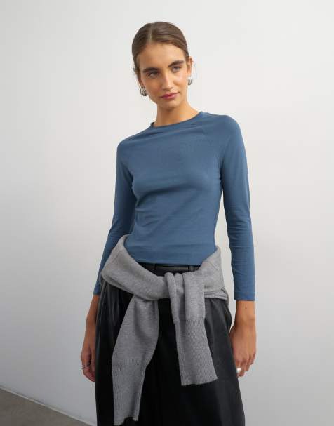 Topshop crop sleeve clean raglan top in grey blue