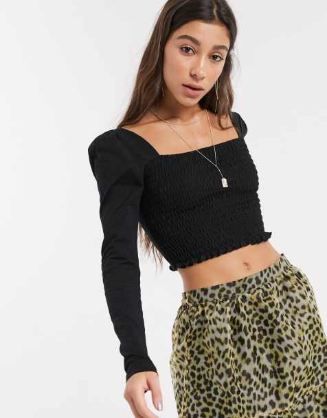 Topshop - Crop top froncé manches longues - Noir