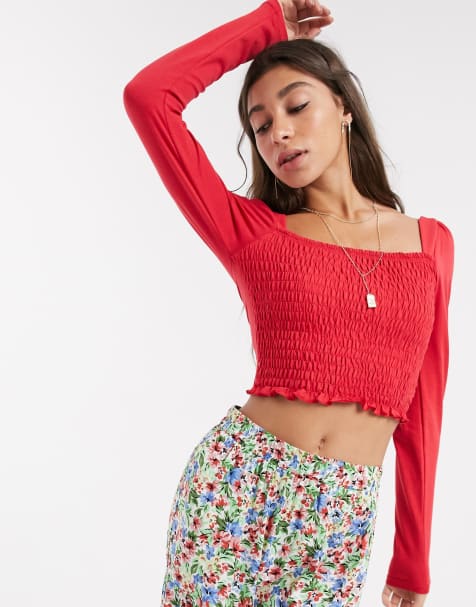 Topshop - Crop top froncé manches longues - Rouge