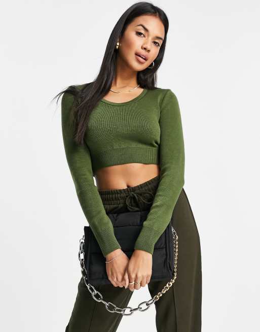 Topshop - Crop top in maglia con scollo rotondo verde oliva