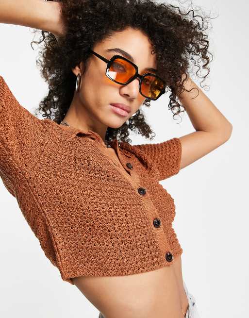 Topshop - Crop top in maglia lavorata all'uncinetto color ruggine
