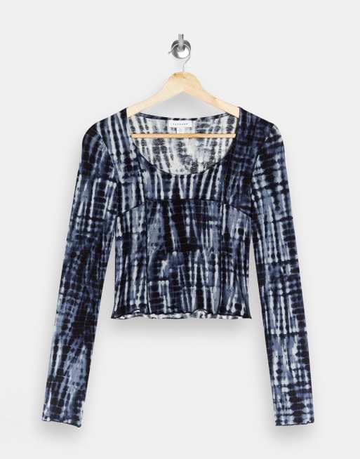 Topshop - Crop top manches longues à empiècements effet tie-dye - Indigo, 4 de 4
