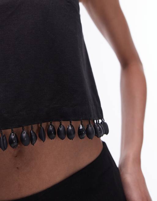 Topshop - Crop top nero con finiture con conchiglie in coordinato, 3 di 4